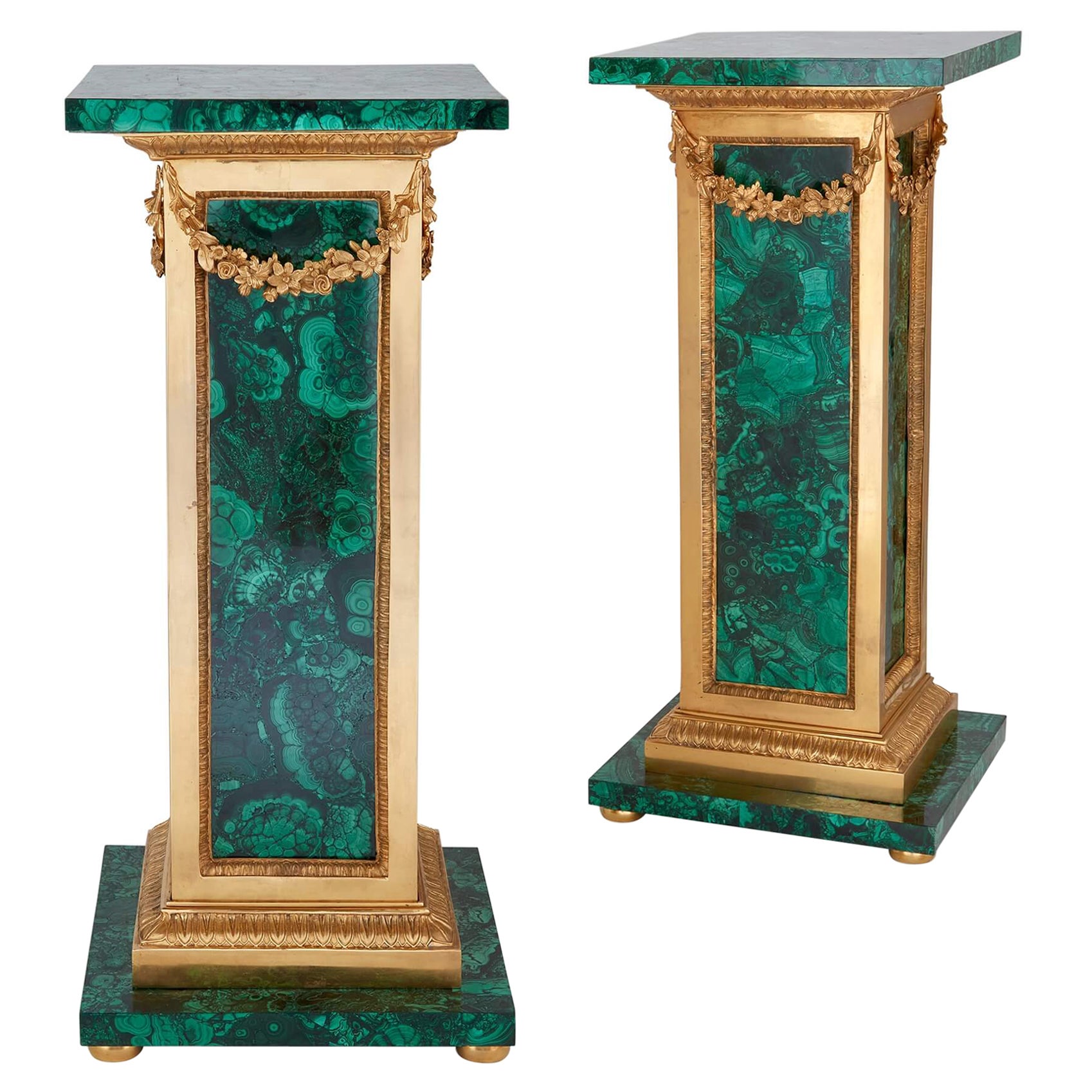 Pair of French Malachite and Ormolu Pedestals For Sale