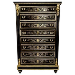 Antique Diehl French Black Tall 8 Drawers Gilt Brass Cabinet Napoleon III Boulle 19th