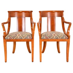 Vintage Baker Furniture Regency Solid Cherry Wood Arm Chairs, Pair