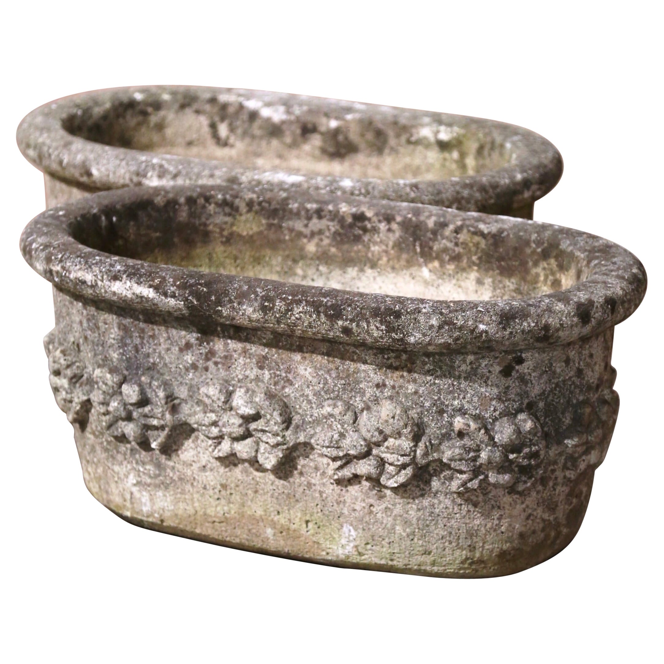 Pair of 19th Century French Carved Stone Planters with Floral Decor