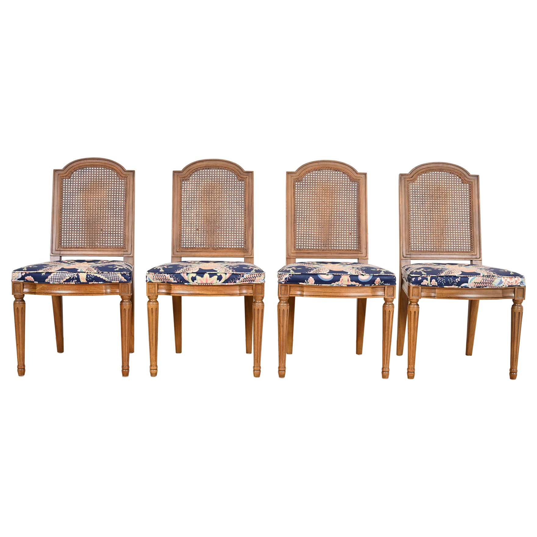 Henredon French Regency Louis XVI Walnut Cane Back Dining Chairs, Set of Four For Sale