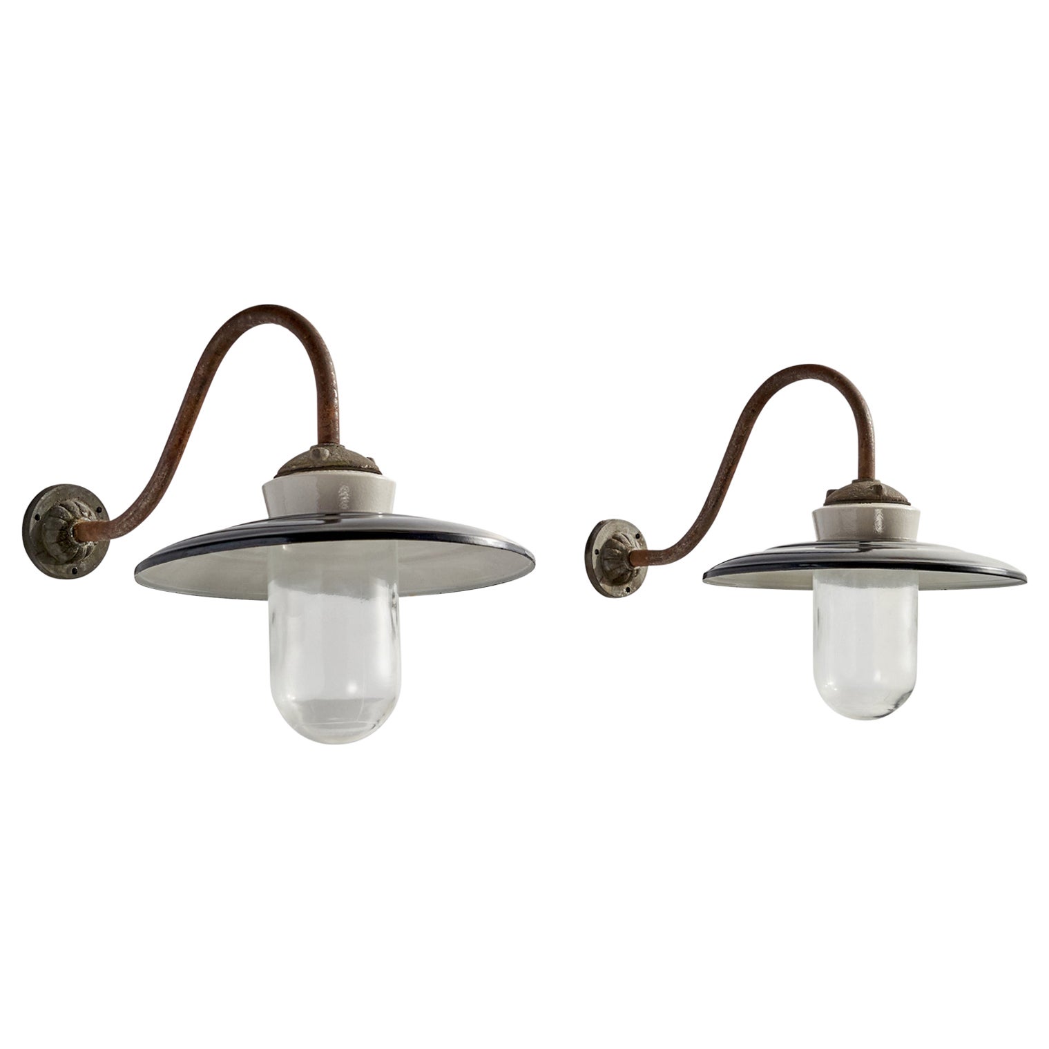 Danish Designer, Wall Lights, Copper, Metal, Glass, Denmark, 1940s