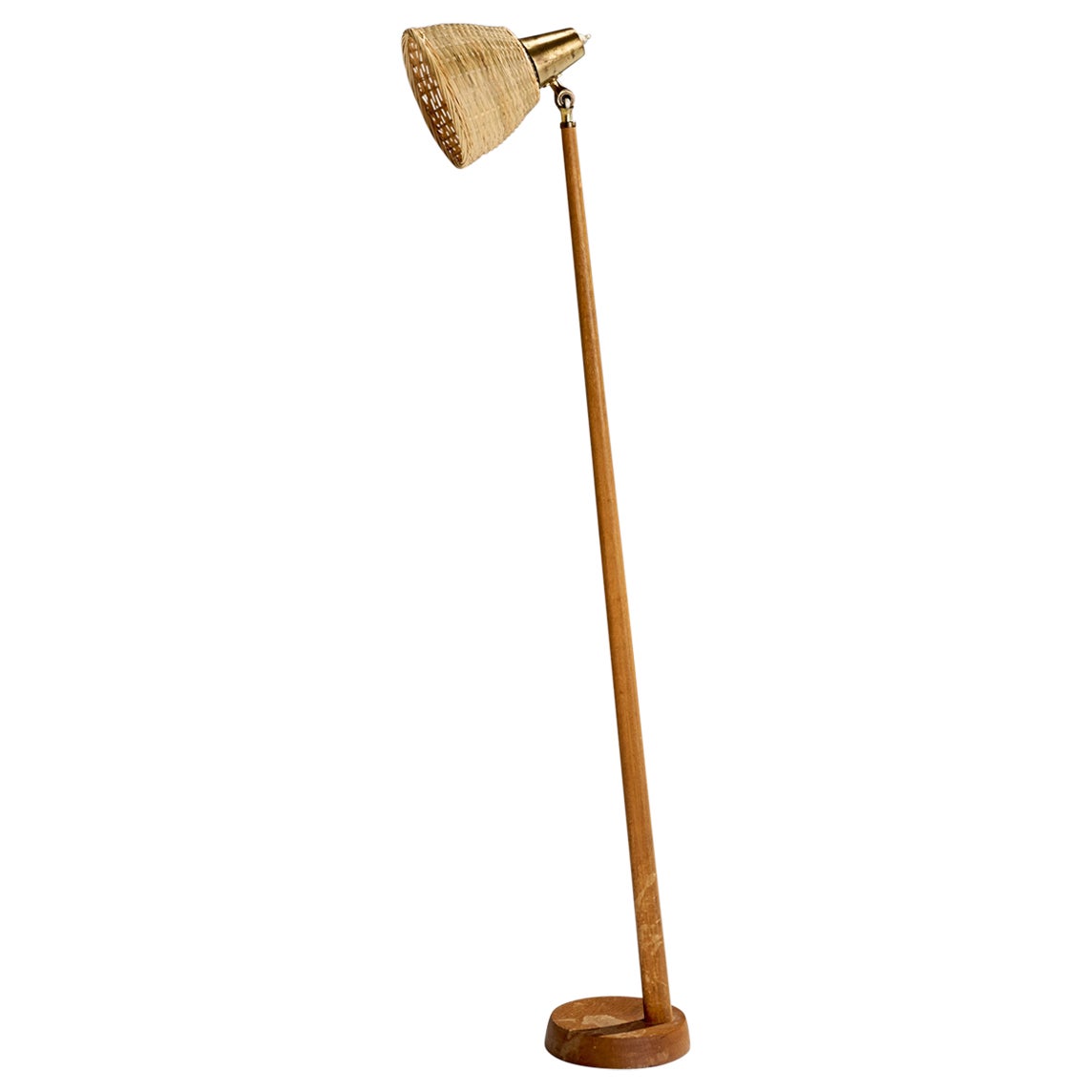 Falkenbergs Belysning, Floor Lamp, Oak, Brass, Rattan, Sweden, 1960s For Sale