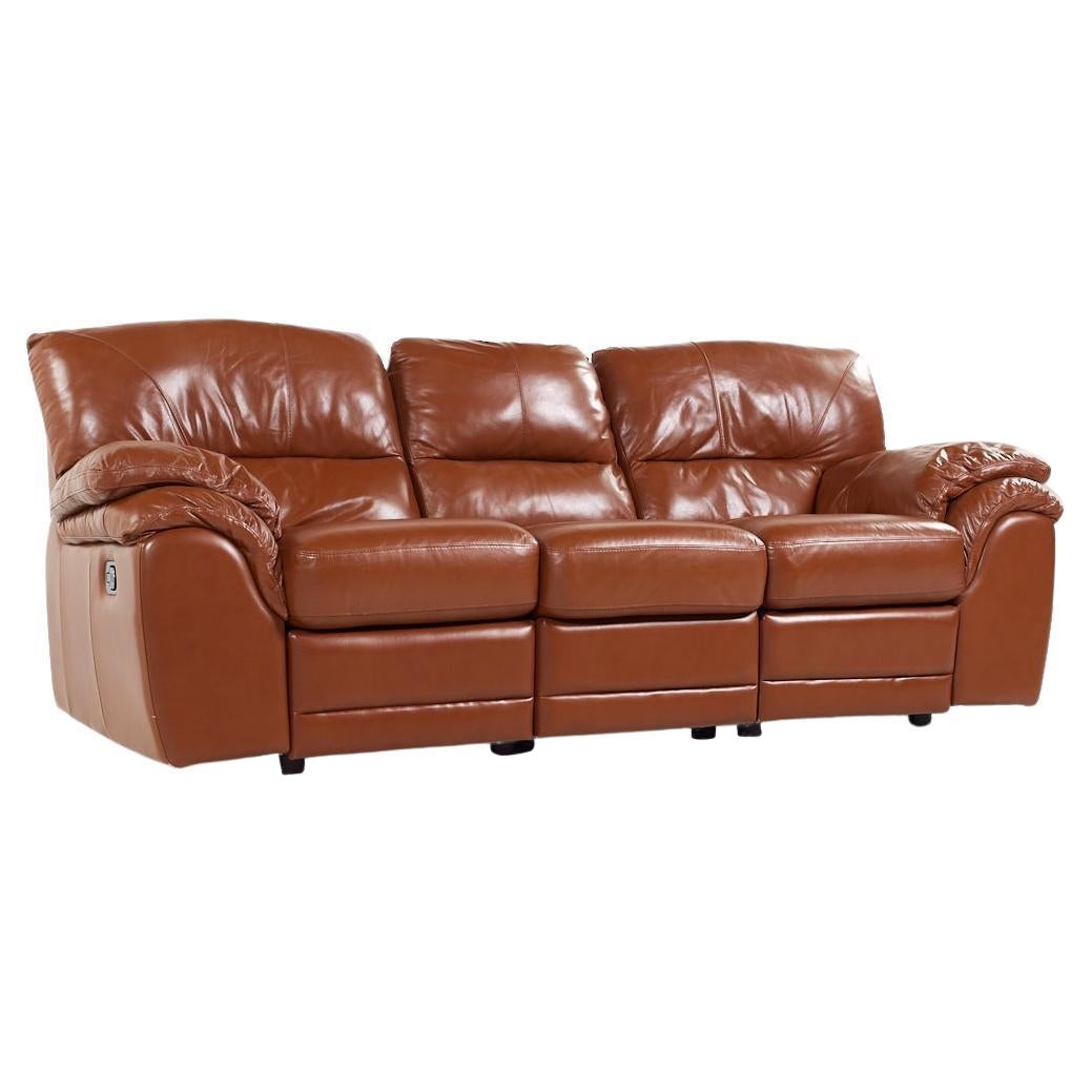 Natuzzi Style Brown Leather Modular Reclining Sofa For Sale
