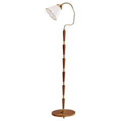 Antique Swedish Designer, Floor Lamp, Brass, Elm, Fabric, Sweden, 1940s