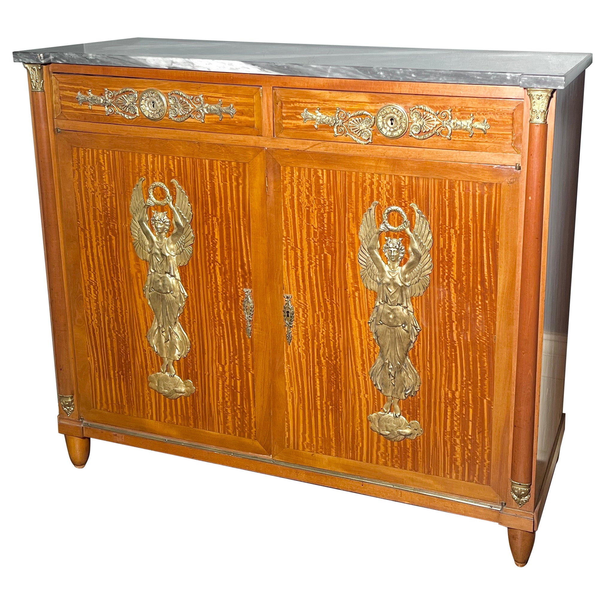 Antique French Empire Ormolu Mounted Marble Top Satinwood Cabinet, Circa 1890.