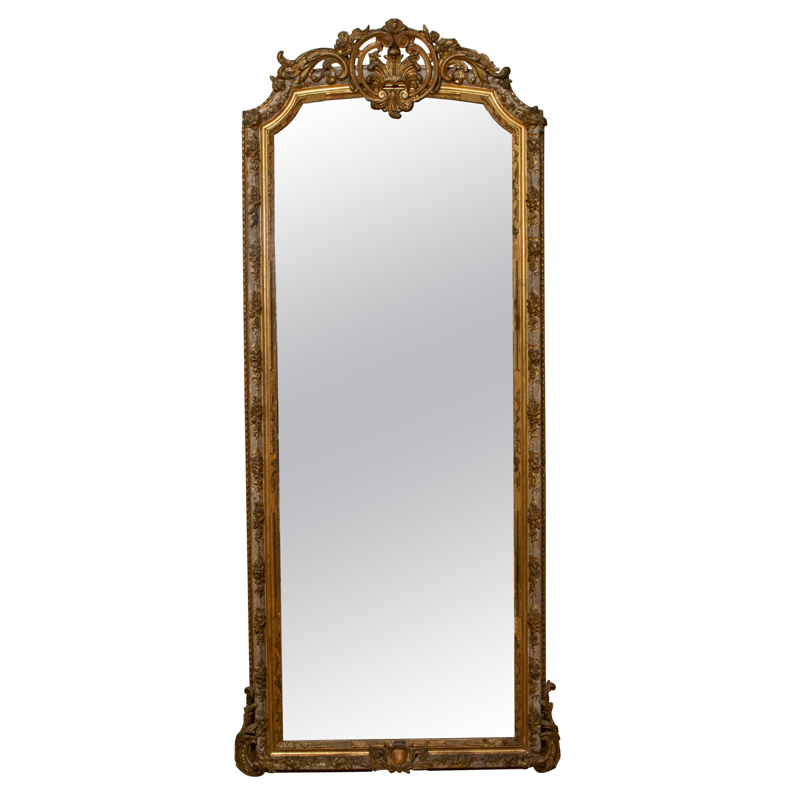 Mid-19th Century French Regency Style Gilt Wood Full Length Mirror, 87-in Tall For Sale
