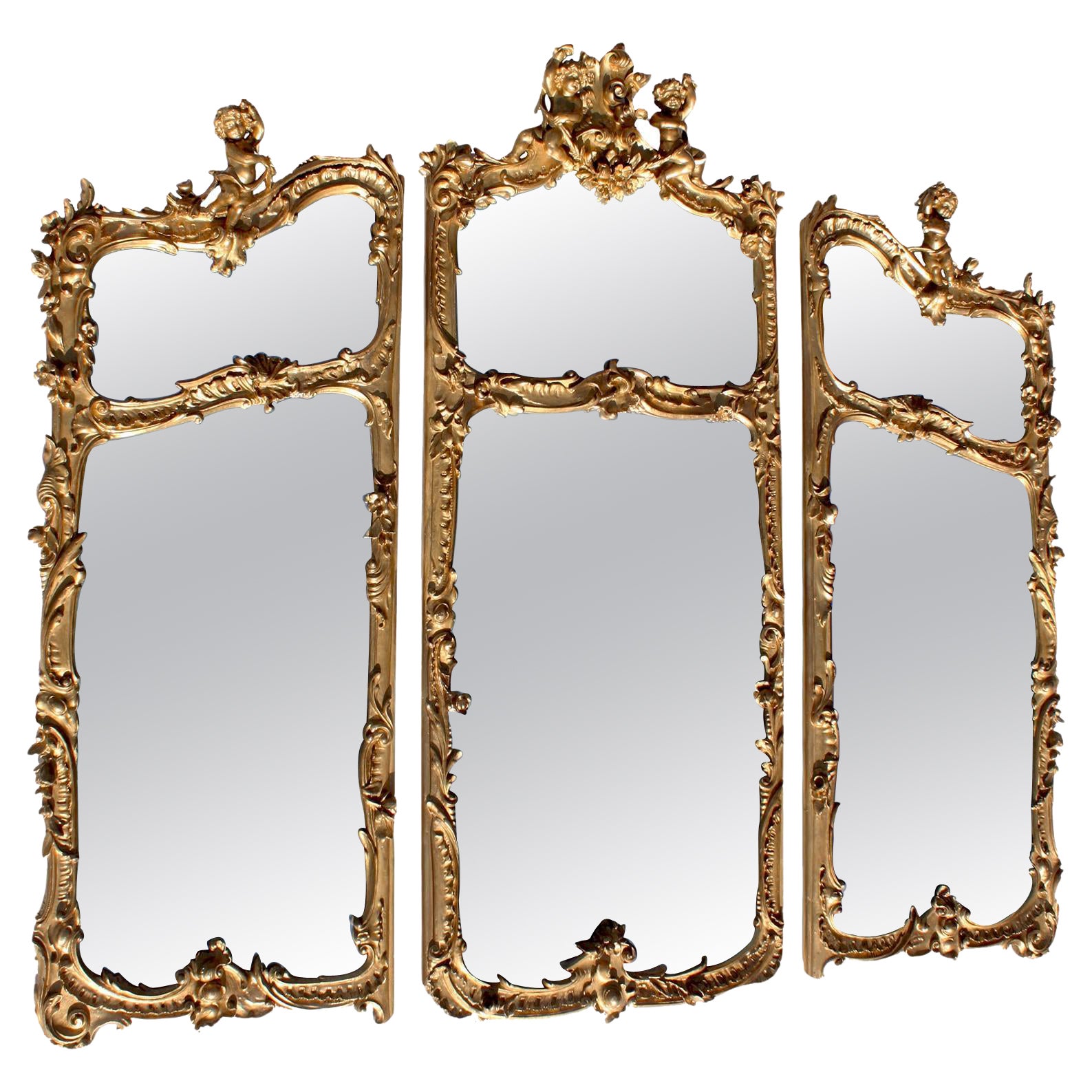 Whimsical French 19th-20th Century Belle Époque Gilt-Wood Triptych Putti Mirrors For Sale