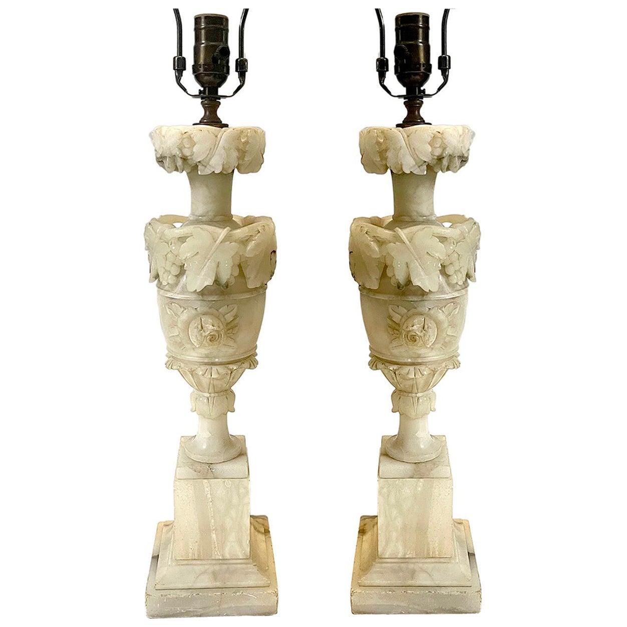 Pair of Carved Alabaster Lamps For Sale