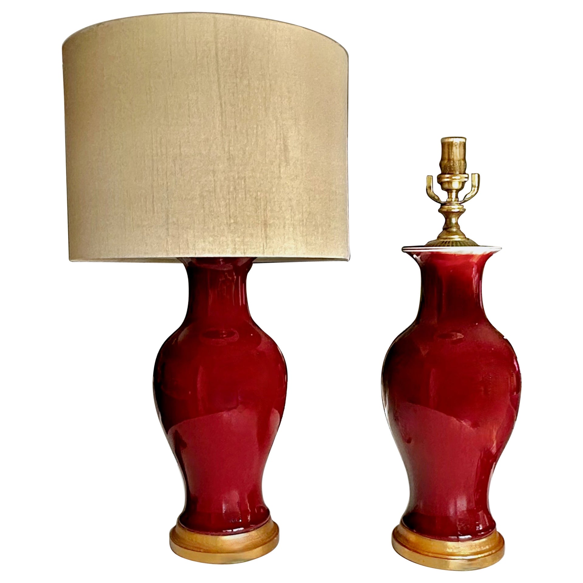 Pair Chinese Oxblood Baluster Porcelain Table Lamps For Sale