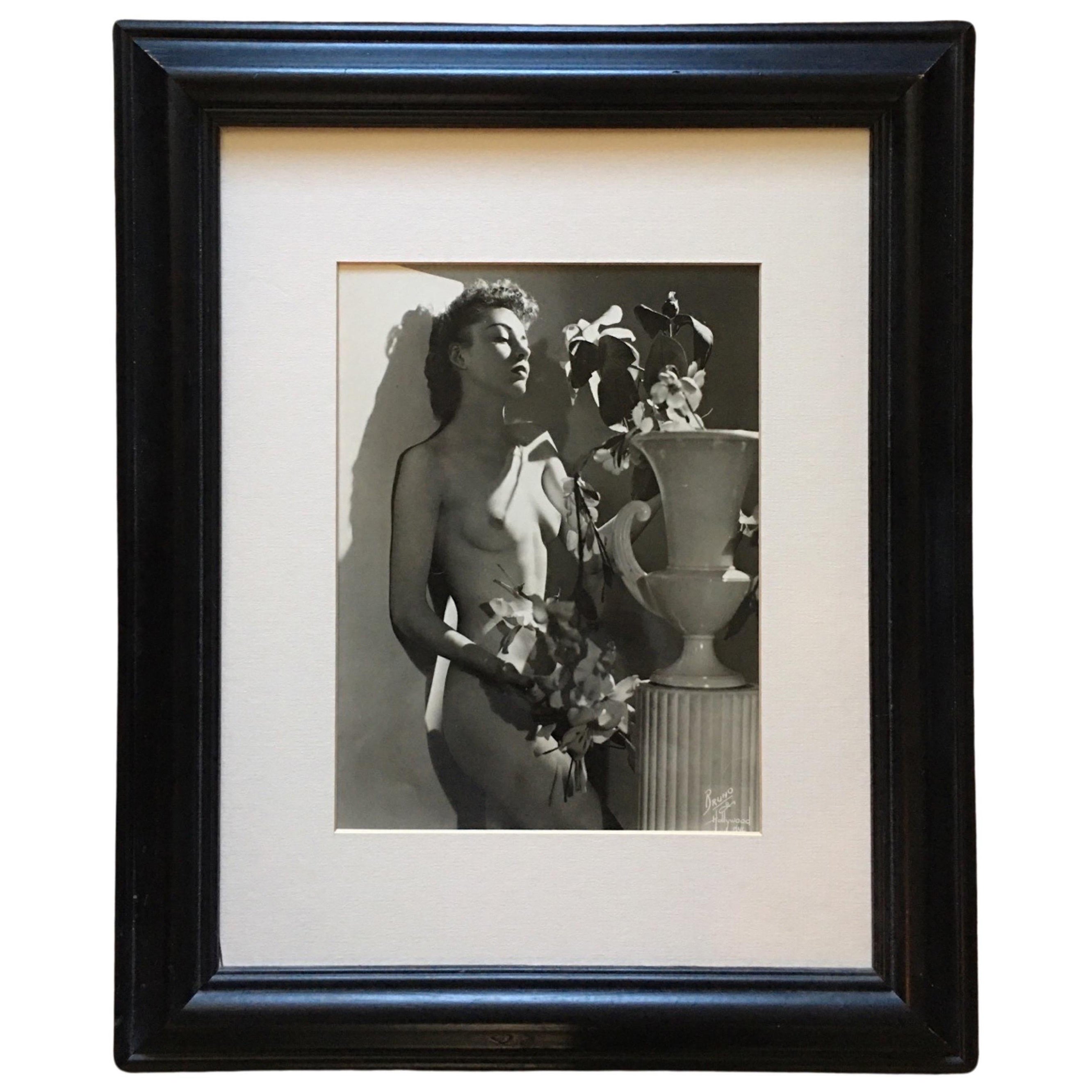Bruno of Hollywood  B & W Original Nude Photograph Woman with Flowers, Framed For Sale