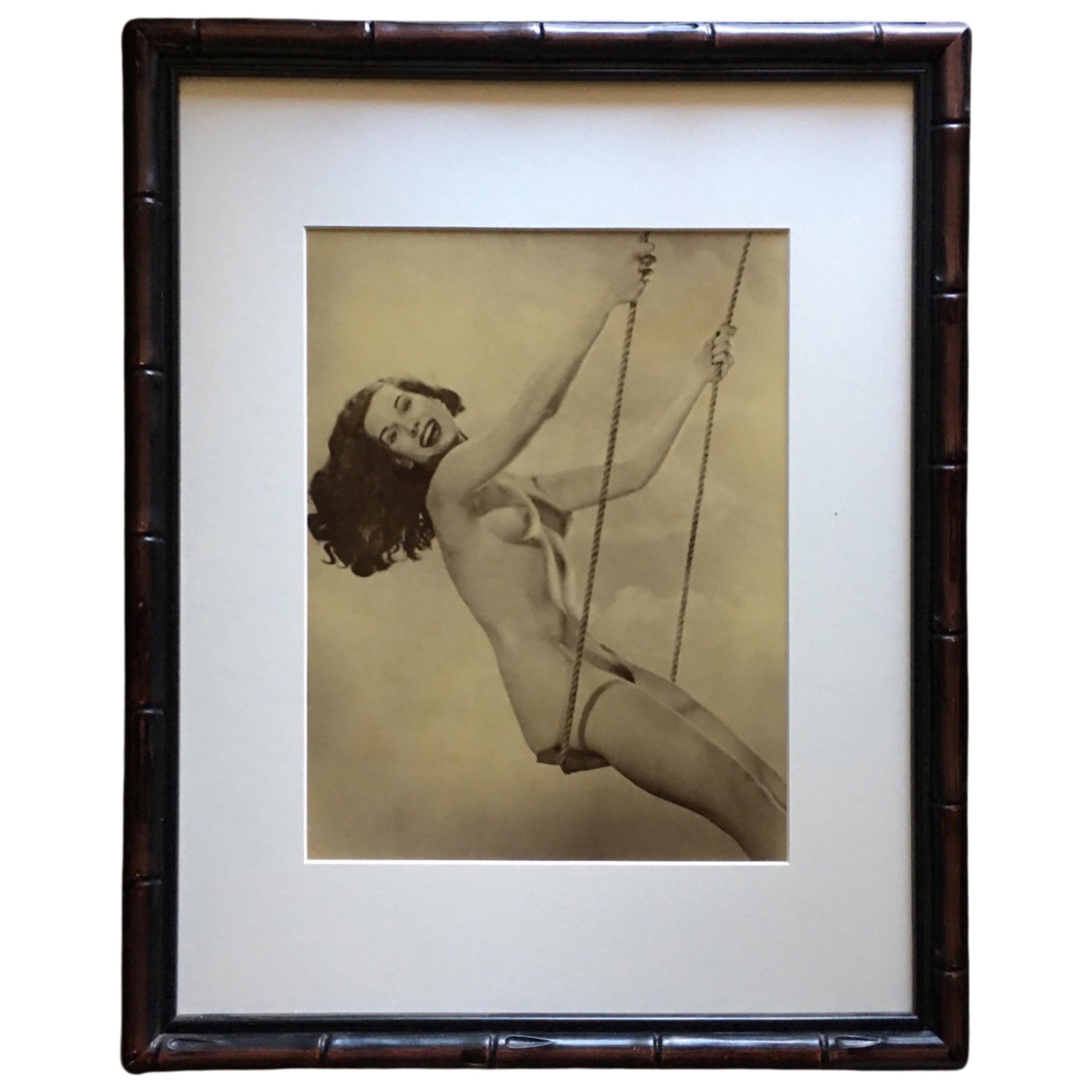 Vintage 1950s Female “Nude on Swing” Hand Toned Green Original Photograph Framed
