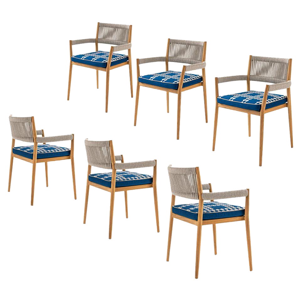 Set of Six Rodolfo Dordoni ''Dine Out' Outside Chairs, Teak, Rope and Fabric For Sale