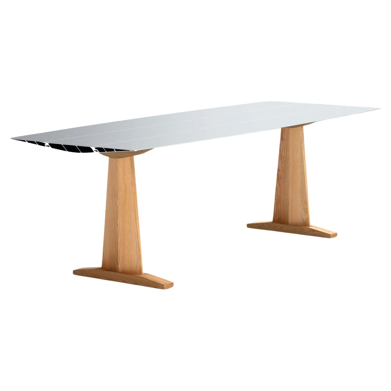 Dinning Table B Anodized Silver Top with Wood Trestle Legs For Sale