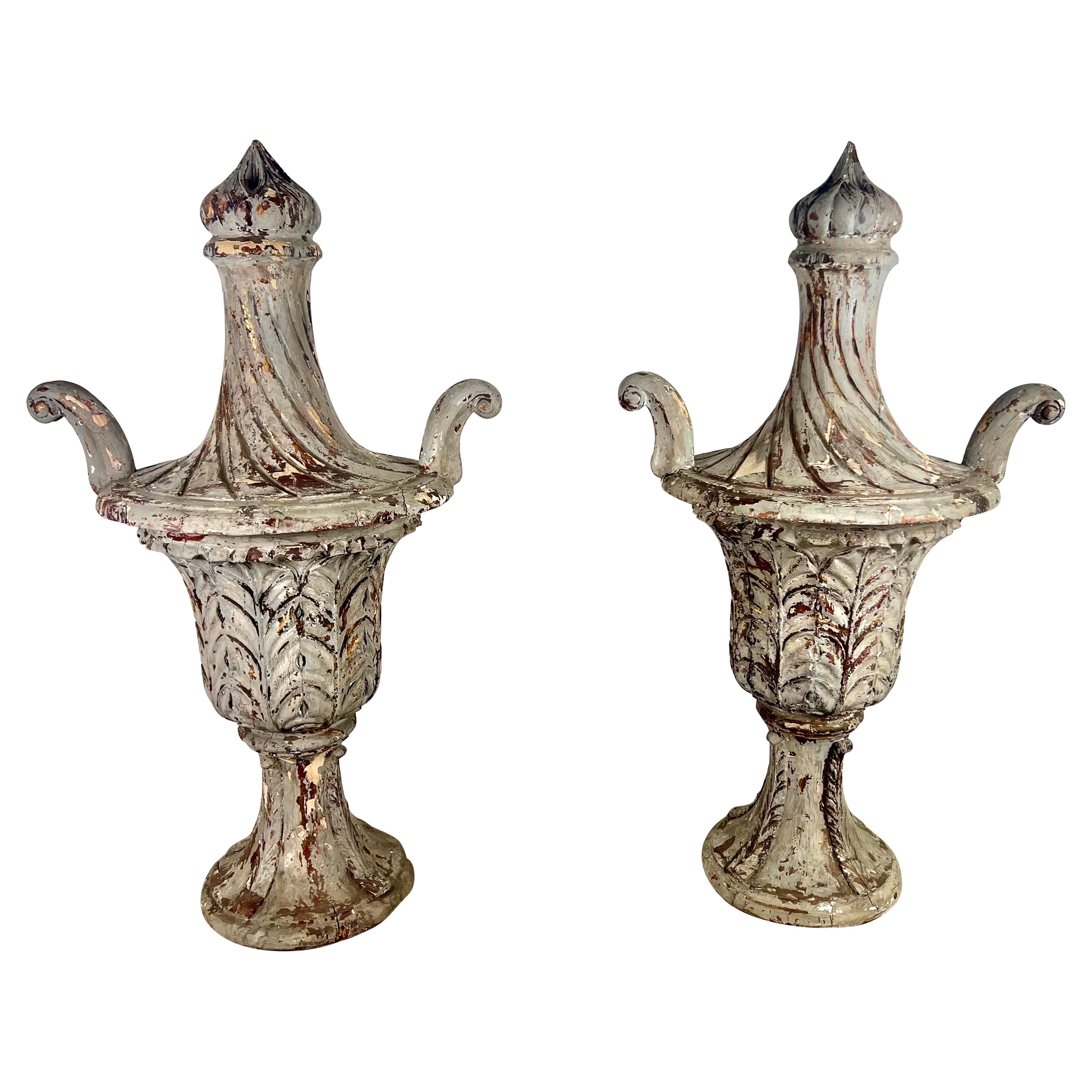 Pair of 19th C. Italian Carved Painted Finials For Sale