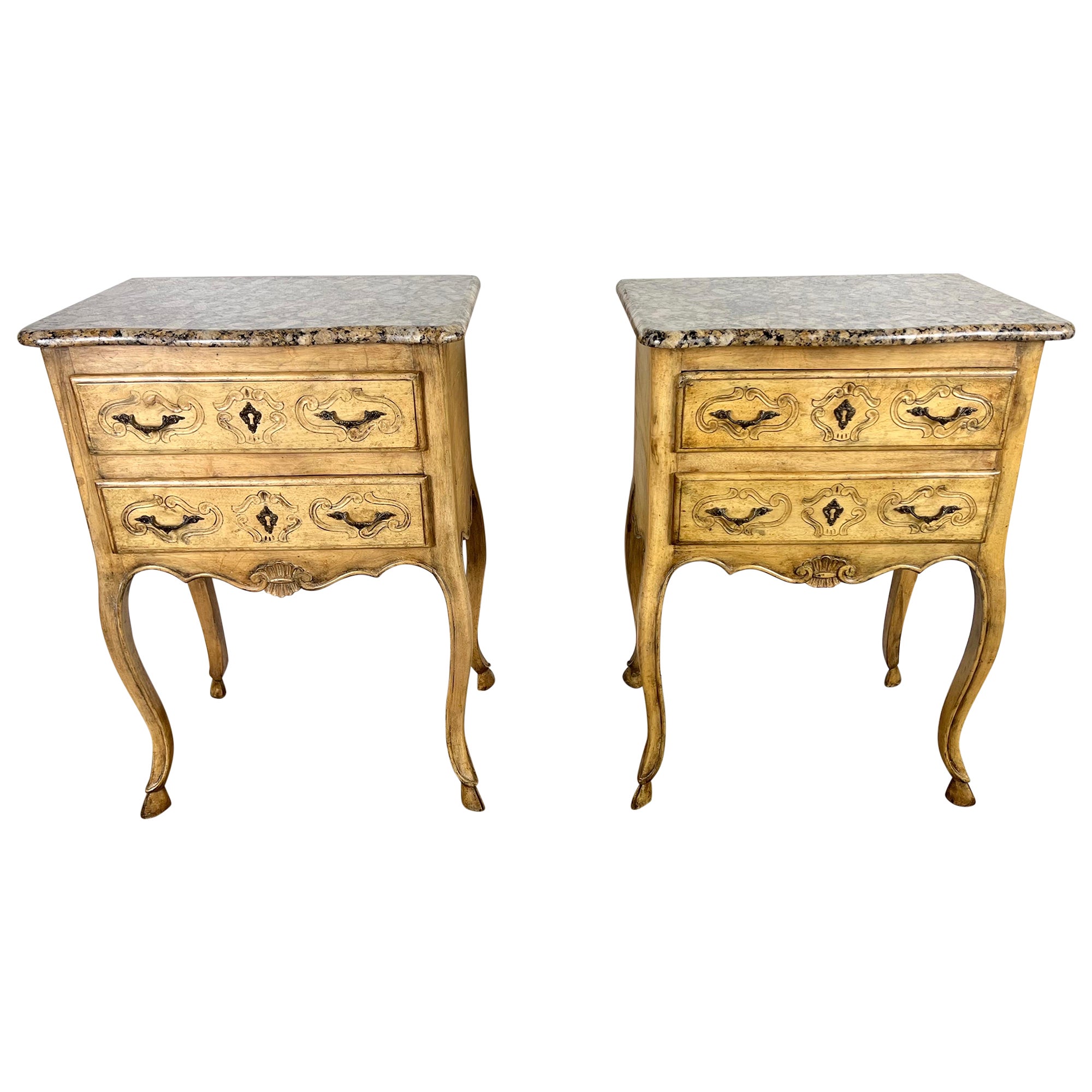 Pair of French End Table w/ Drawers and Granite Tops C. 1930's