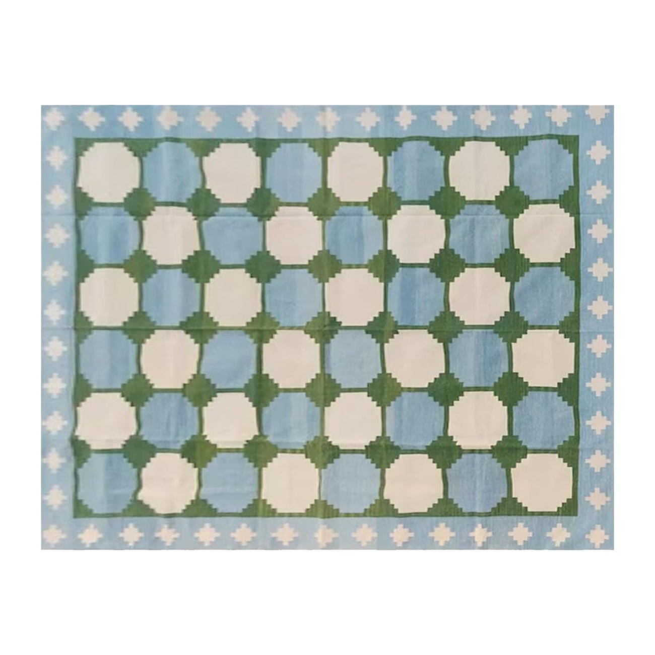 Handgefertigter Flachgewebe-Teppich aus Baumwolle, 9x12, grünes und blaues Kachelmuster, indisch Dhurrie