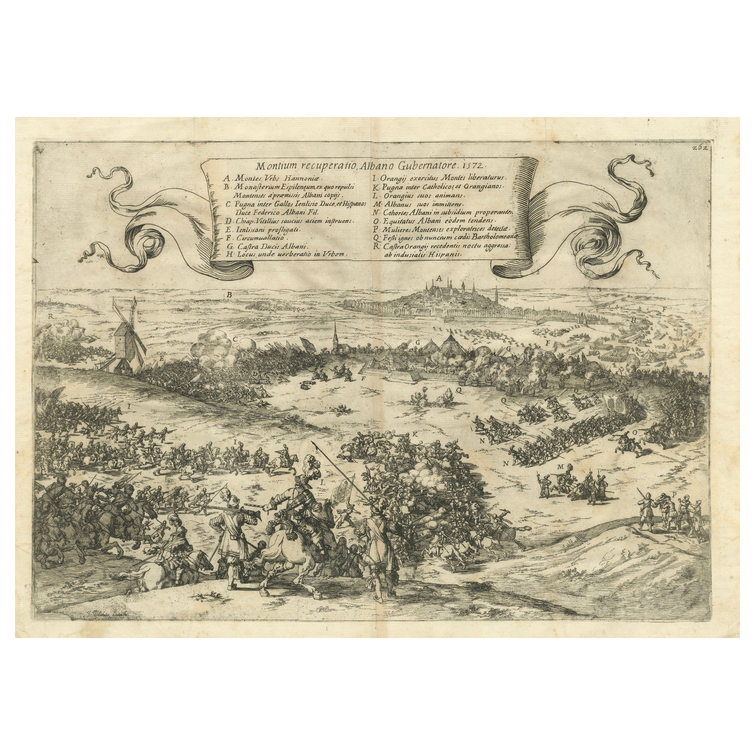 Gravure ancienne de la bataille de Bergen en Hainaut pendant les Quatre-Vingts Ans, 1632