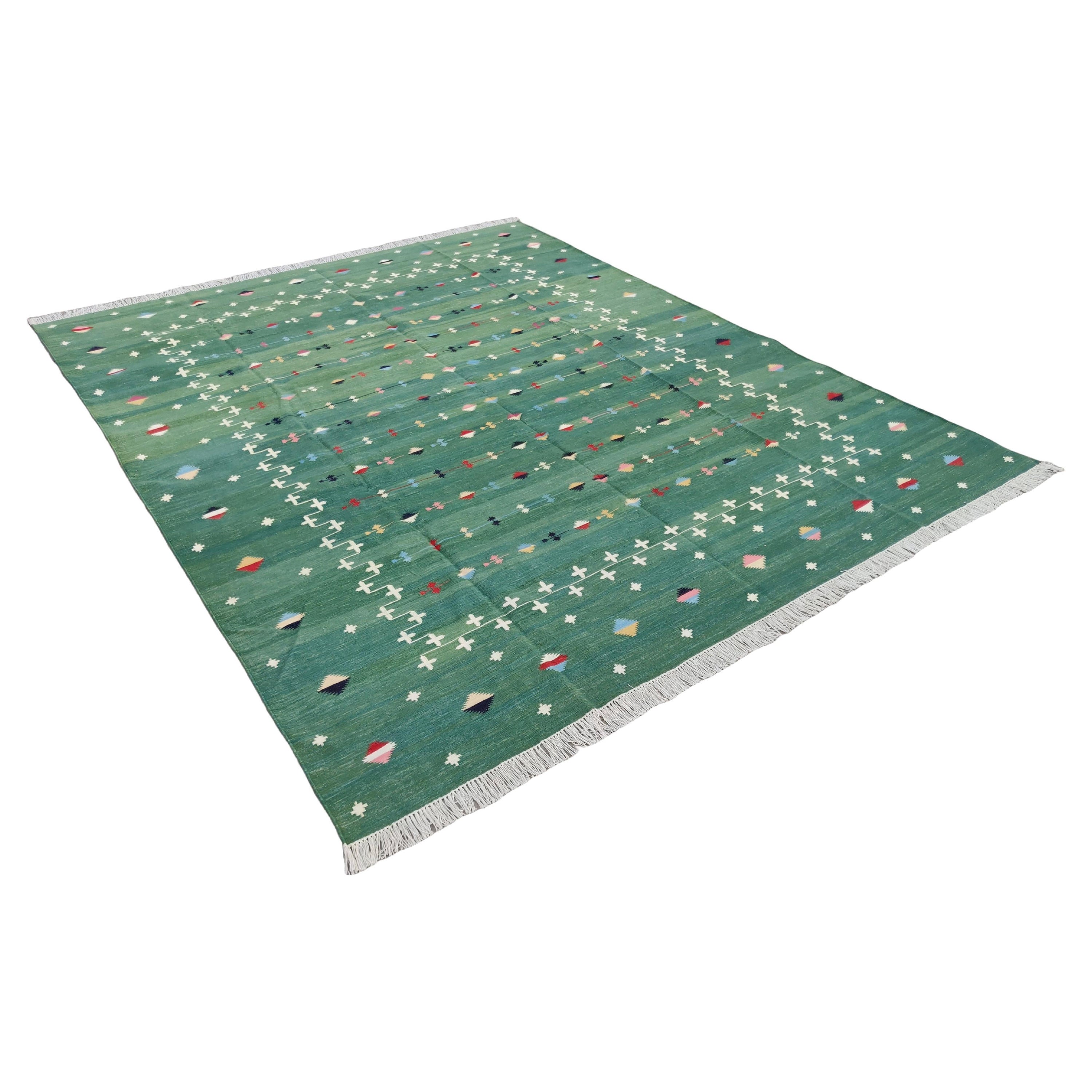 Handgefertigter Flachgewebe-Teppich aus Baumwolle, grüner und weißer indischer Shooting Star Dhurrie