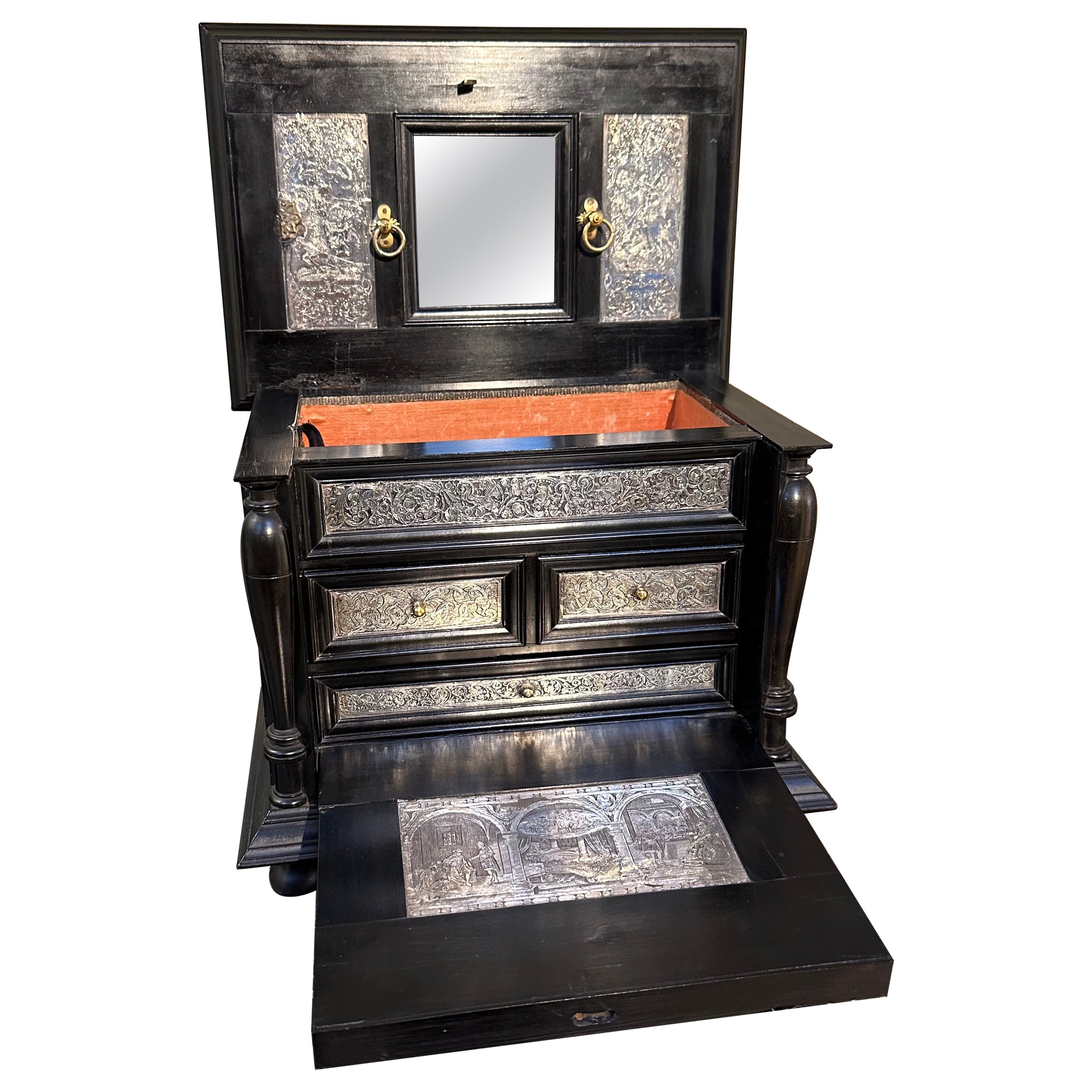Rare 17th Century Baroque Ebony with Silver Cabinet, Antwerp, Wunderkammer For Sale