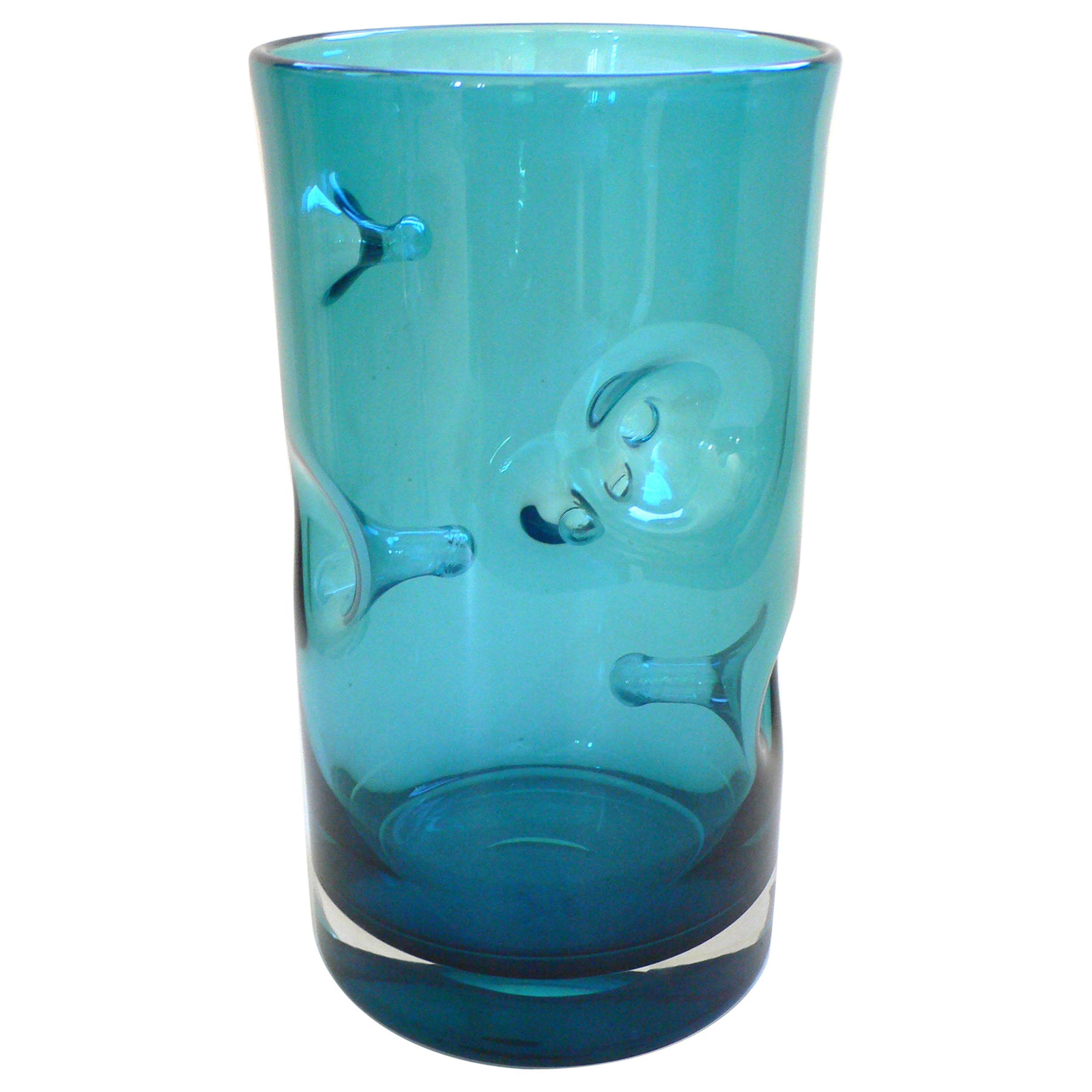 Vintage Art Glass Blue handblown Pinched Nipple Vase 1960's Belgium