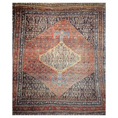 Used 19th Century Oversized Persian Bidjar in red, French Blue, Ivory, Navy, Yellow