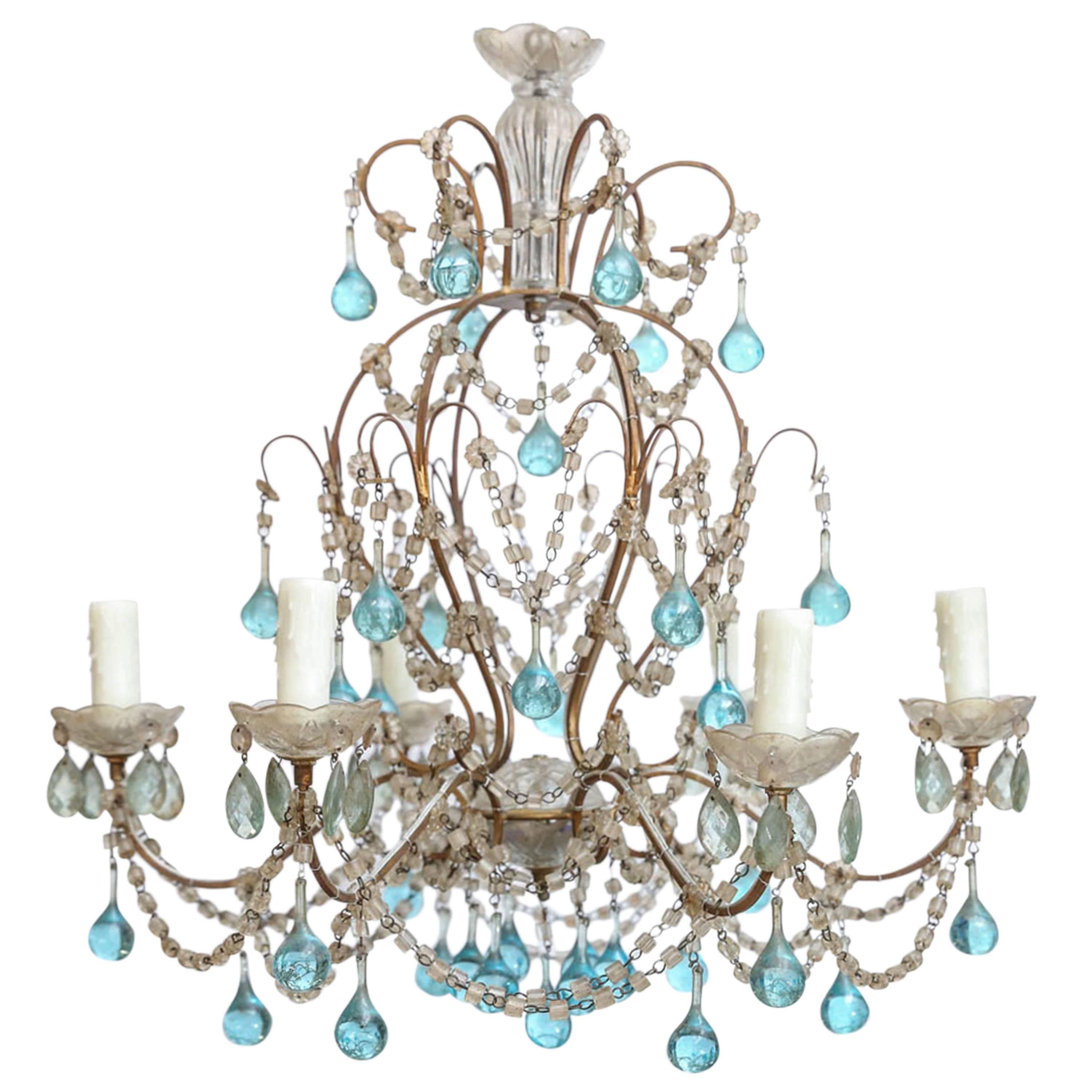 Petite Italian Chandelier with Accent Blue Murano Glass Drops and Crystals