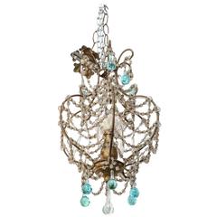 Italian 1940s Wood and Gilt Center with Blue Glass Drops and Cascading Beading