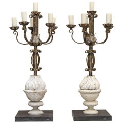 Spanish 19th Century Iron and Wood Candelabras Made into Lamps