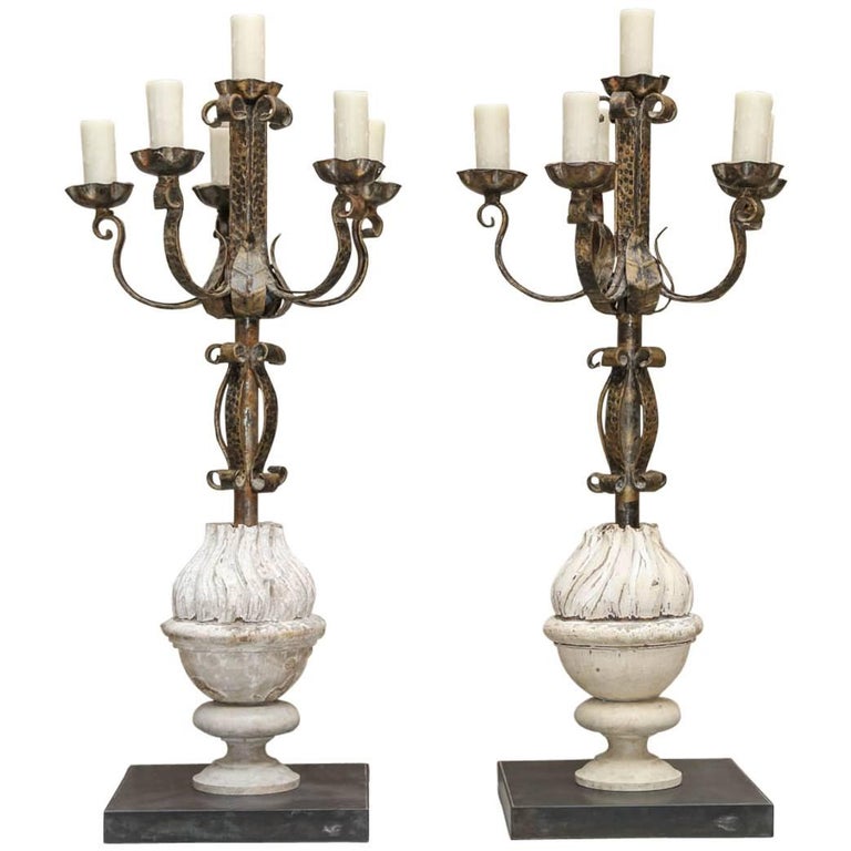 Spanish 19th Century Iron and Wood Candelabras Made into Lamps at 1stDibs