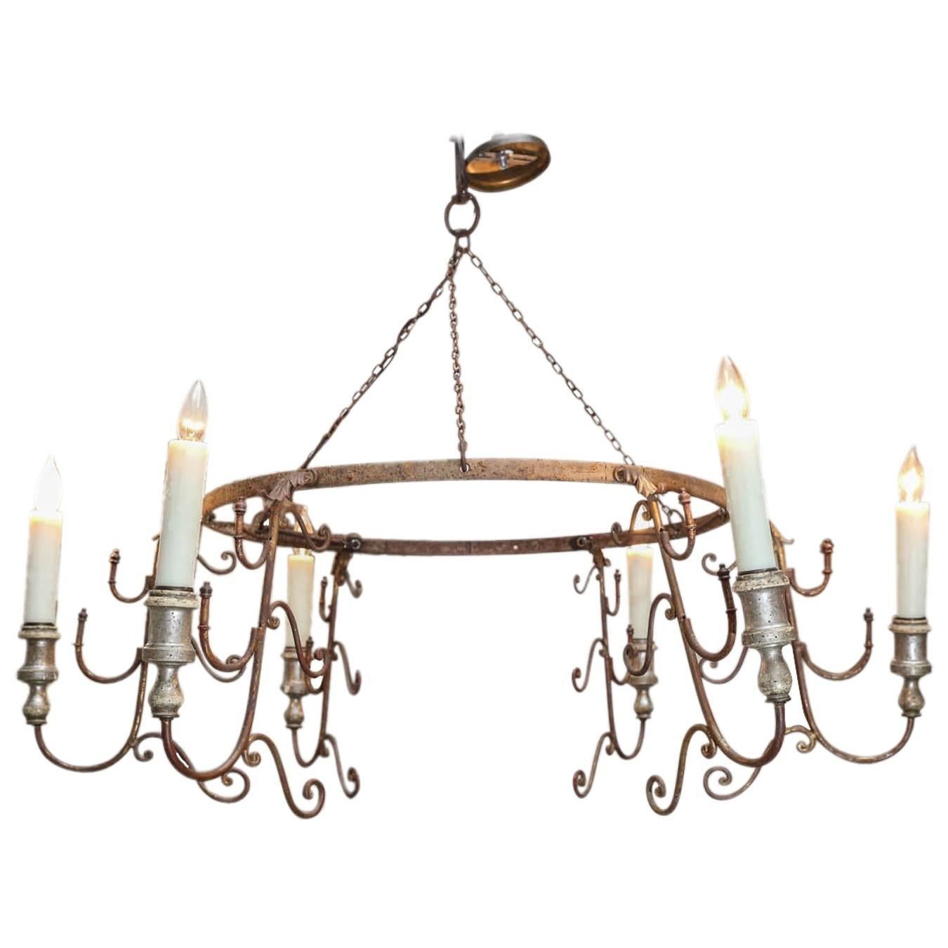 Italian Chandelier Iron and Wood Bobeches, Newly Wired