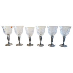 Set of 6 Bohemian Cut Crystal Glass Wine Goblets & Pewter Stem, Coat of Arms 
