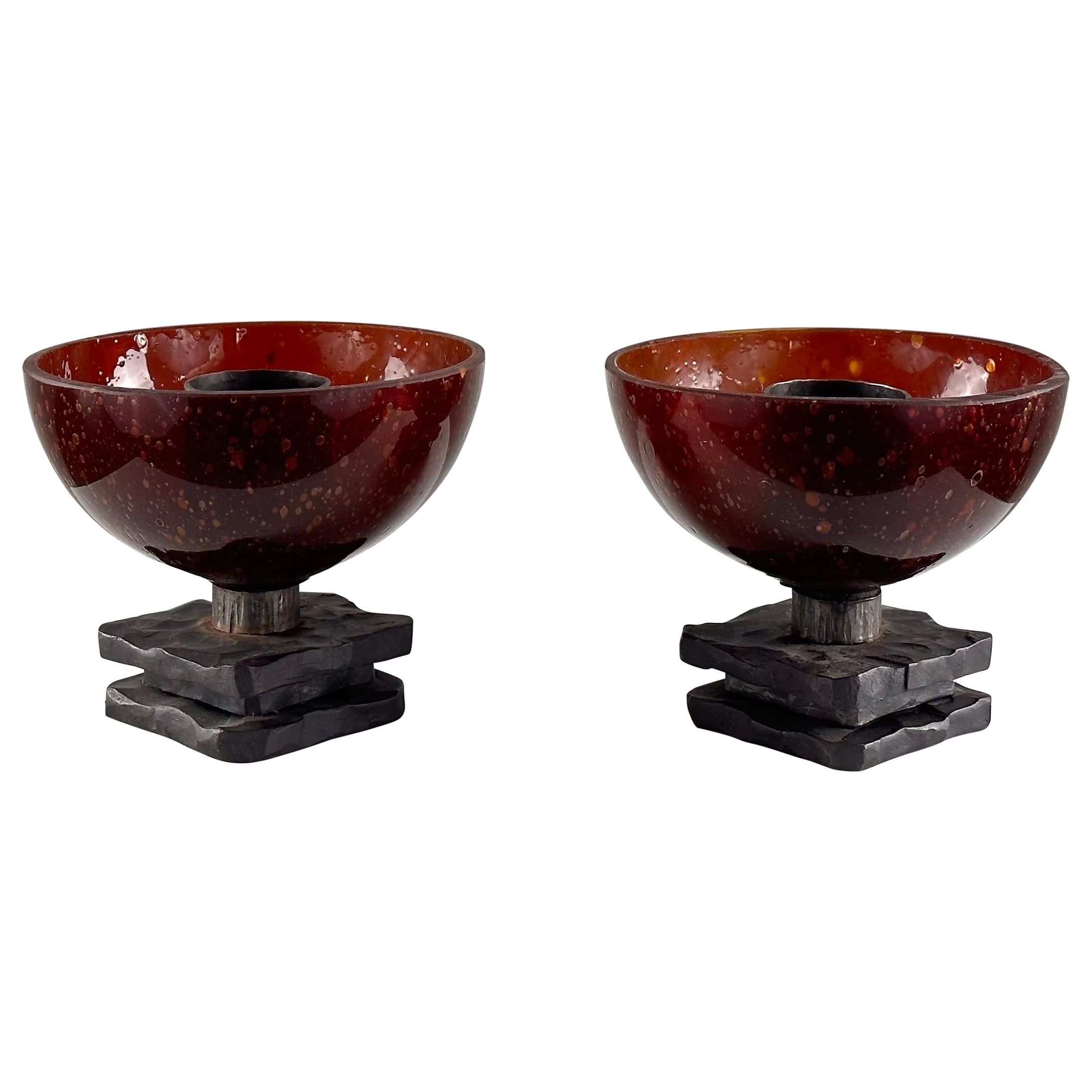 1960s Murano Brutalist Candle Holders, A Pair of Striking Artisanal Creations For Sale