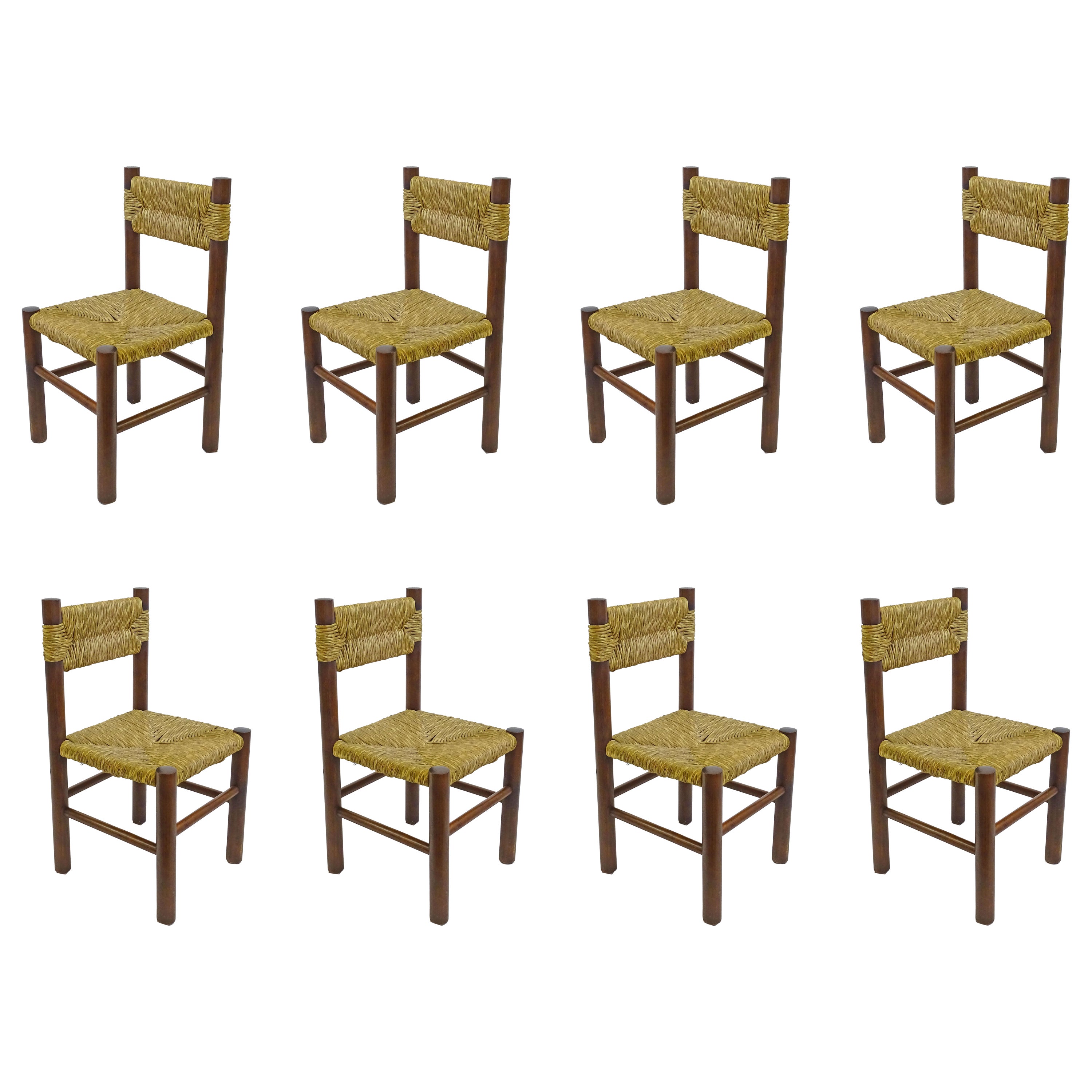 Italian 1960s dining chairs in straw and wood in the style of Charlotte Perriand For Sale