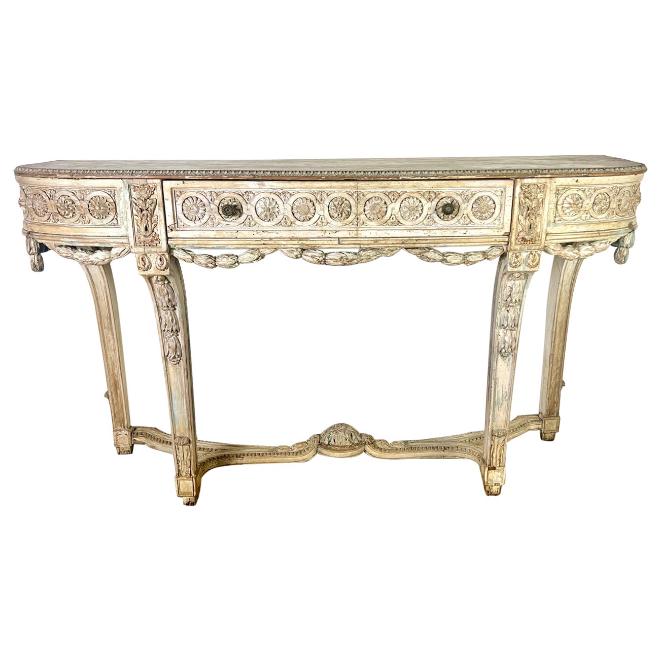 19th Century French Painted Console w/ Carved Swags & Drawers For Sale