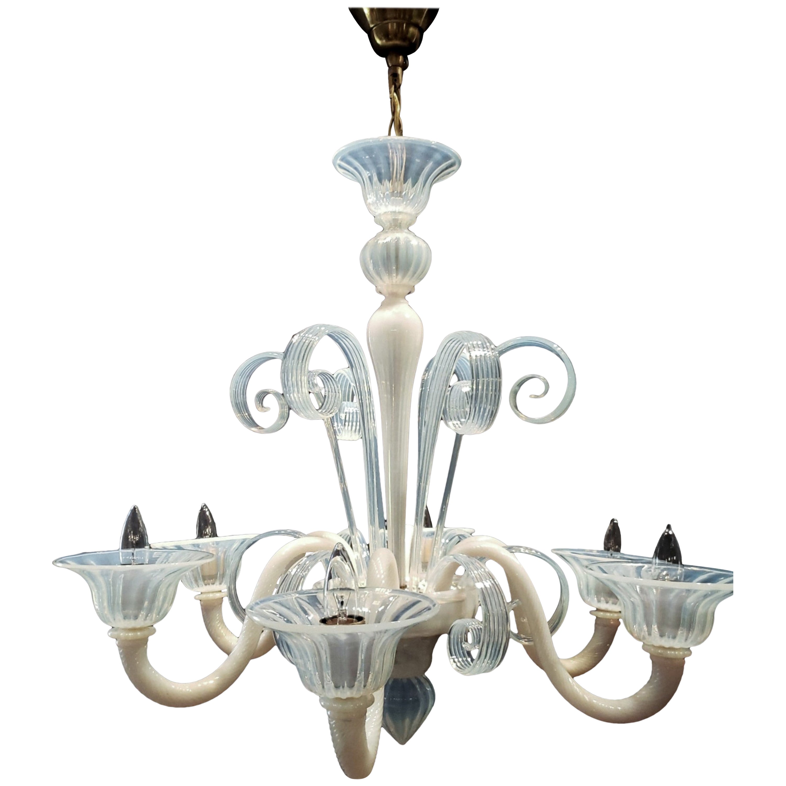 Lampadario a 6 bracci in vetro opalino di Murano Up&Up