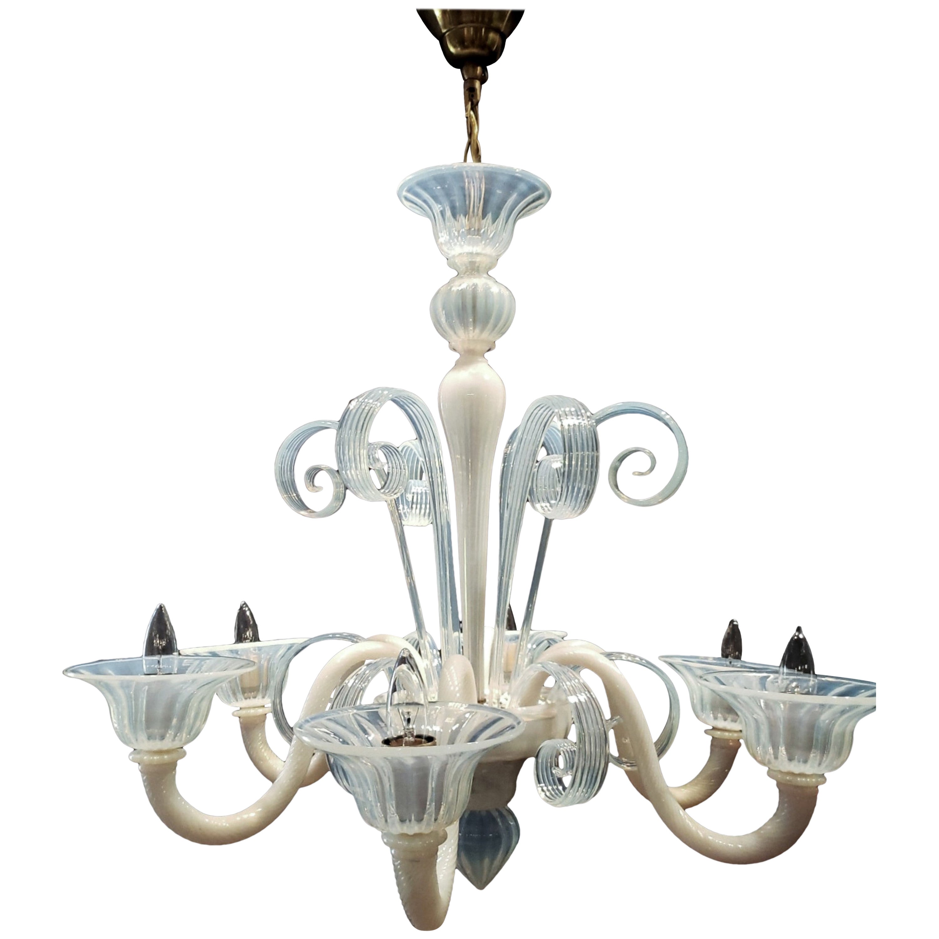 Opaline Glass 6 Arm Murano Up & Down Curls Chandelier