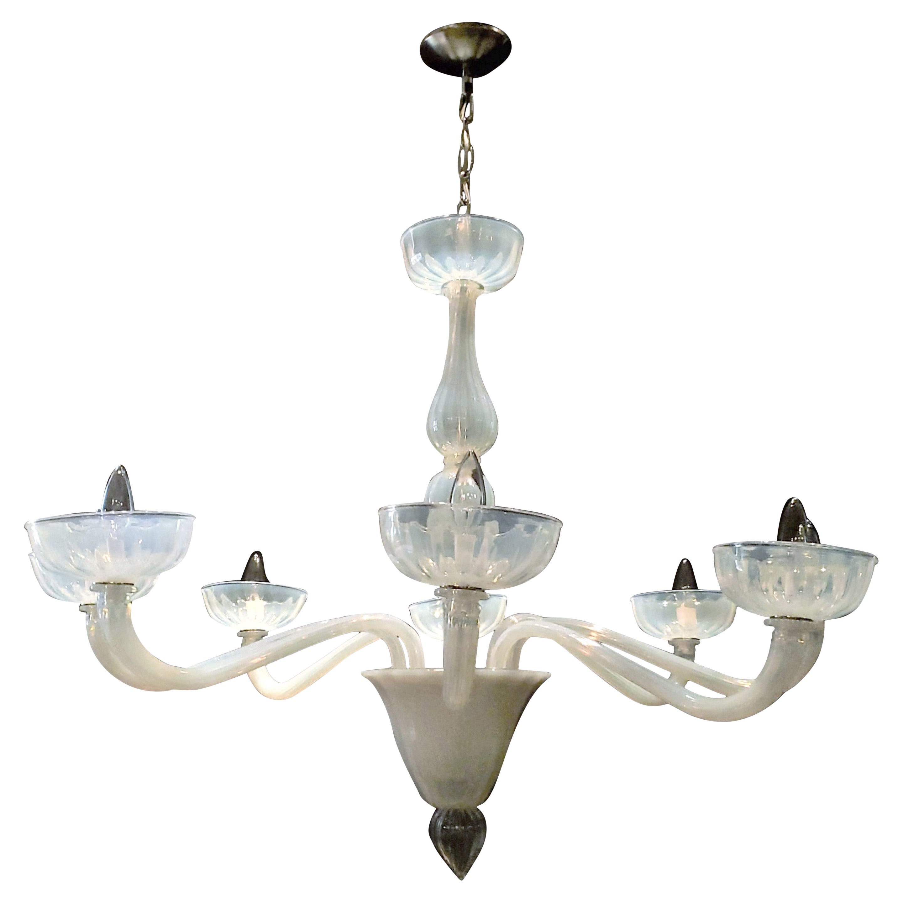 Hand Made Opaline Murano Glass 8 Arm Chandelier For Sale