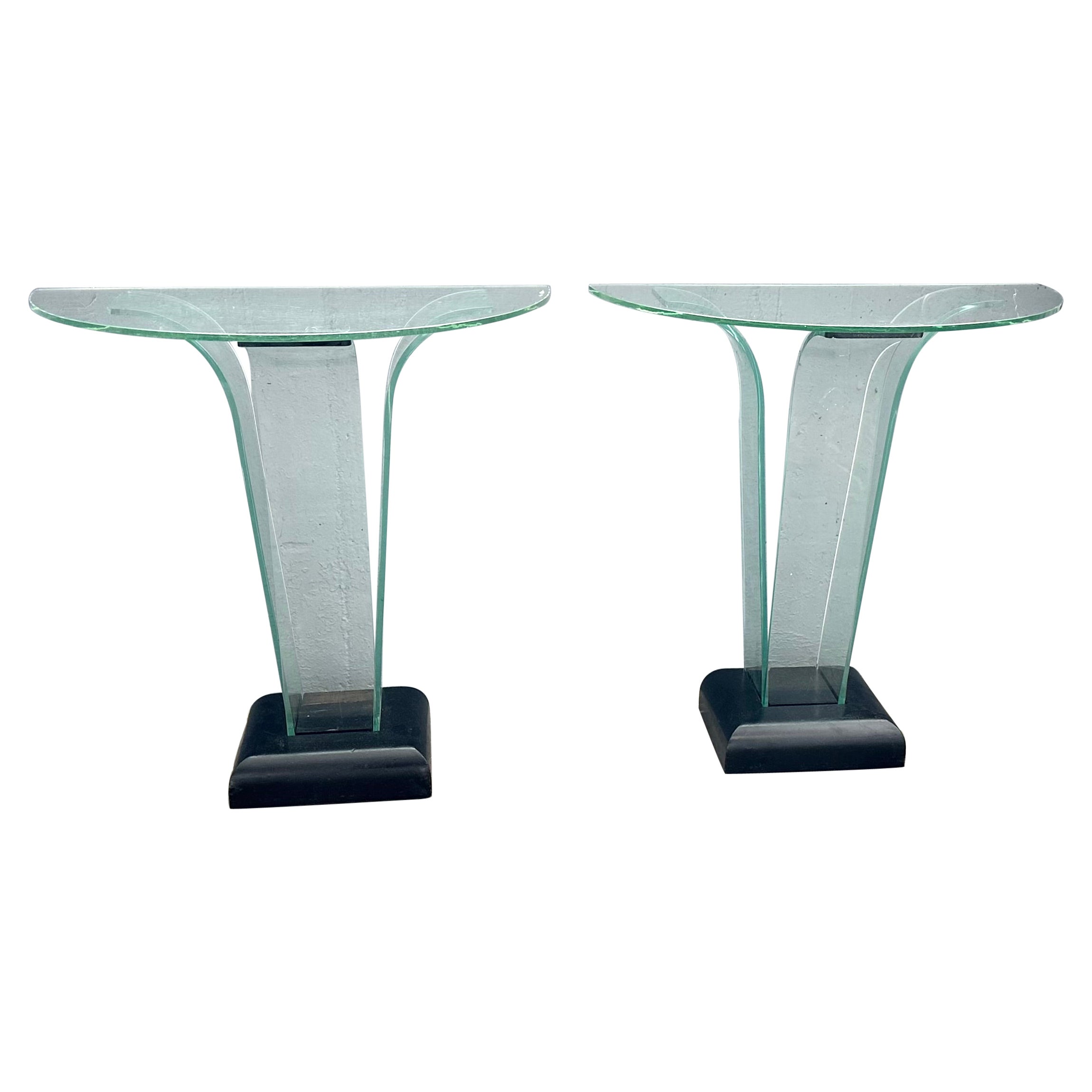 Pair American Art Deco Curved Glass Console Tables by Ben Mildwoff