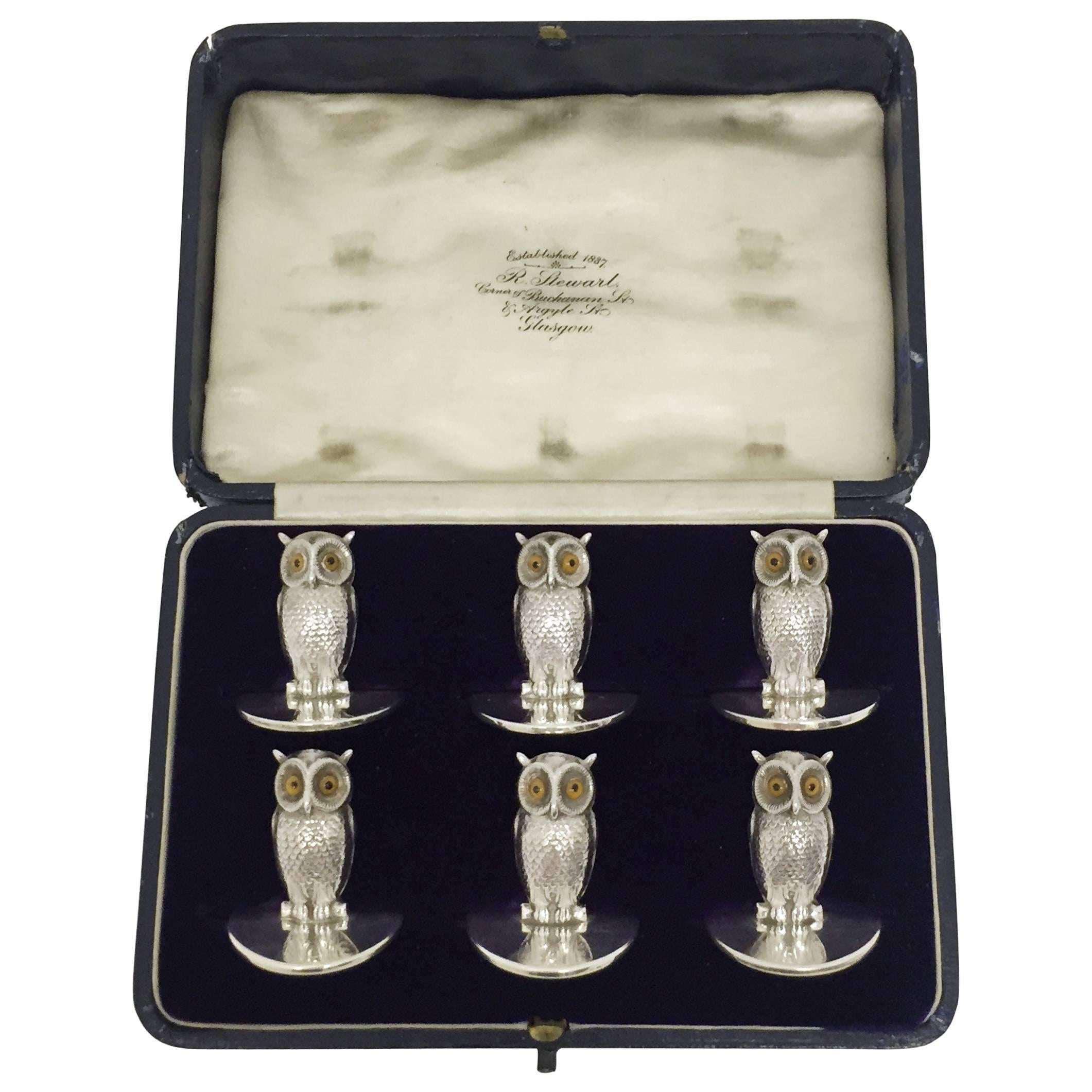 Set of Six Silver Owl Menu Holders For Sale