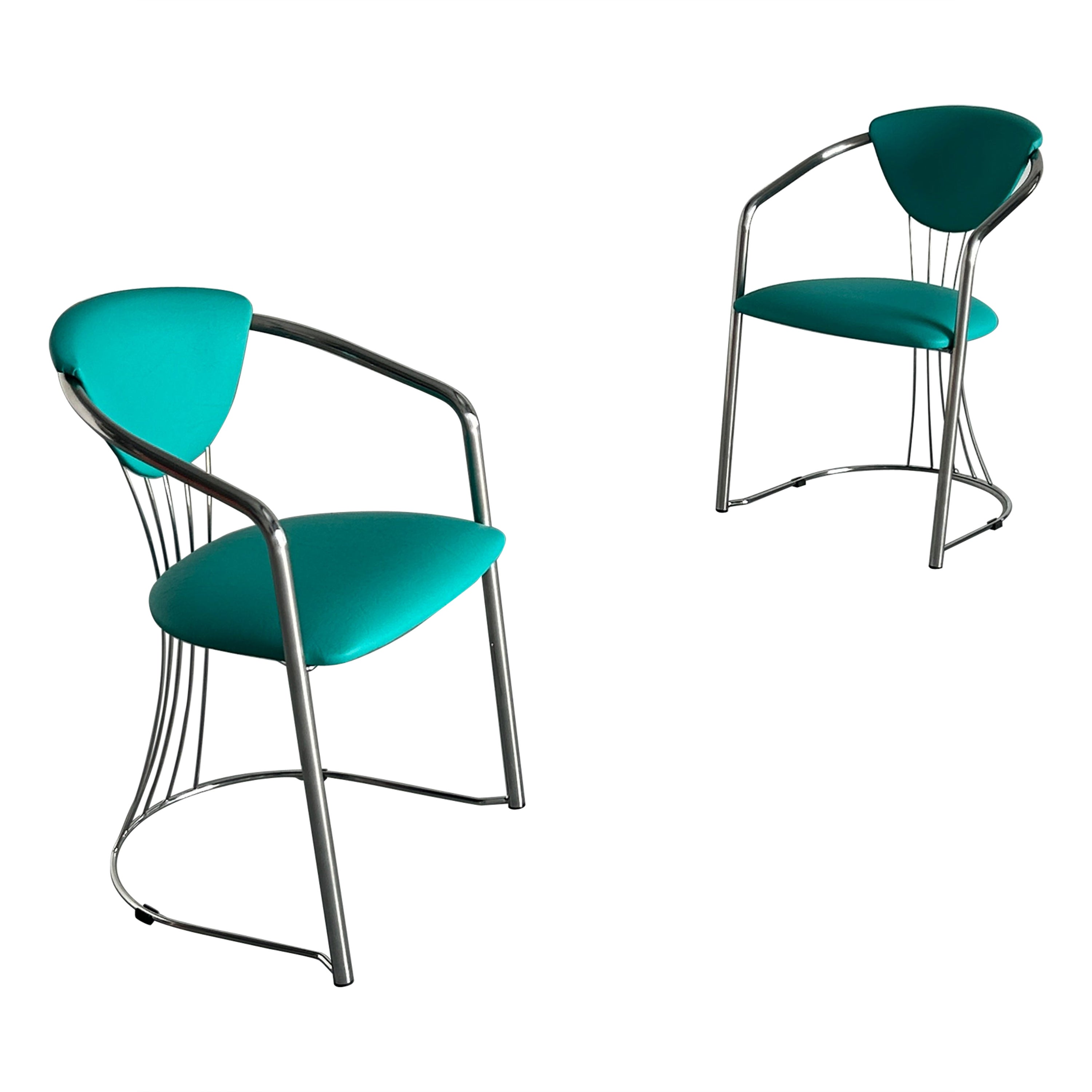 1 de 2 chaises de salle à manger vintage en acier et faux cuir vert menthe par Effezeta, années 90 en vente
