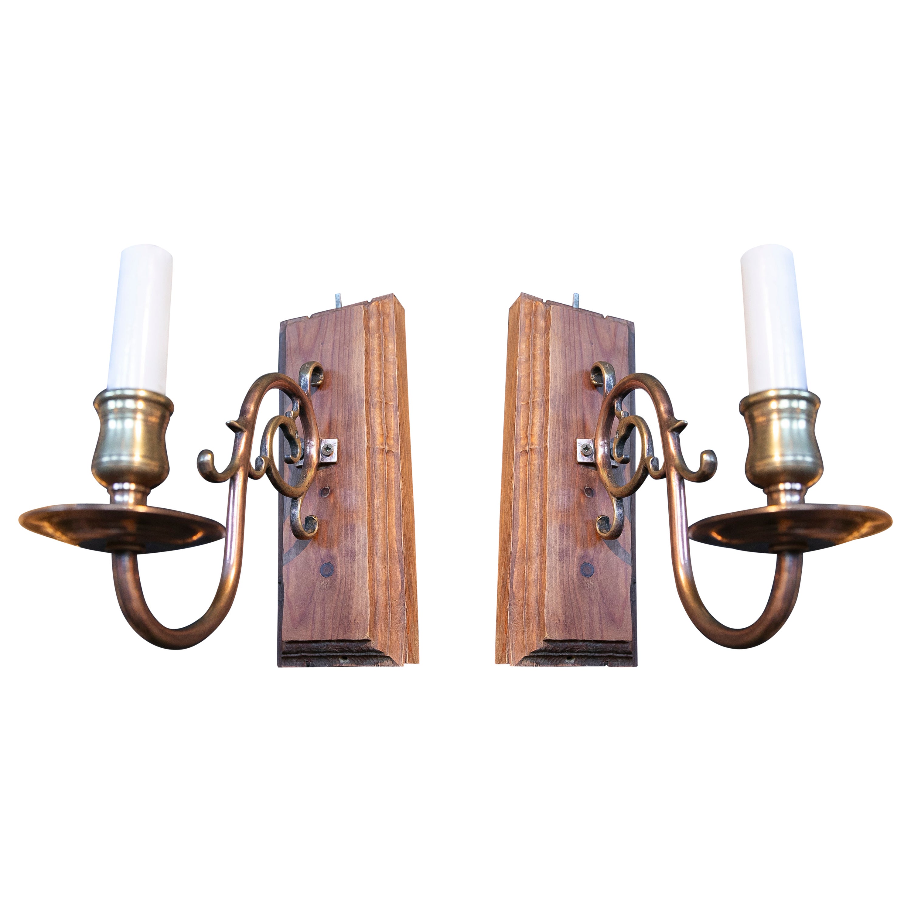 1970s Pair of Wooden Sconces and Brass Arms