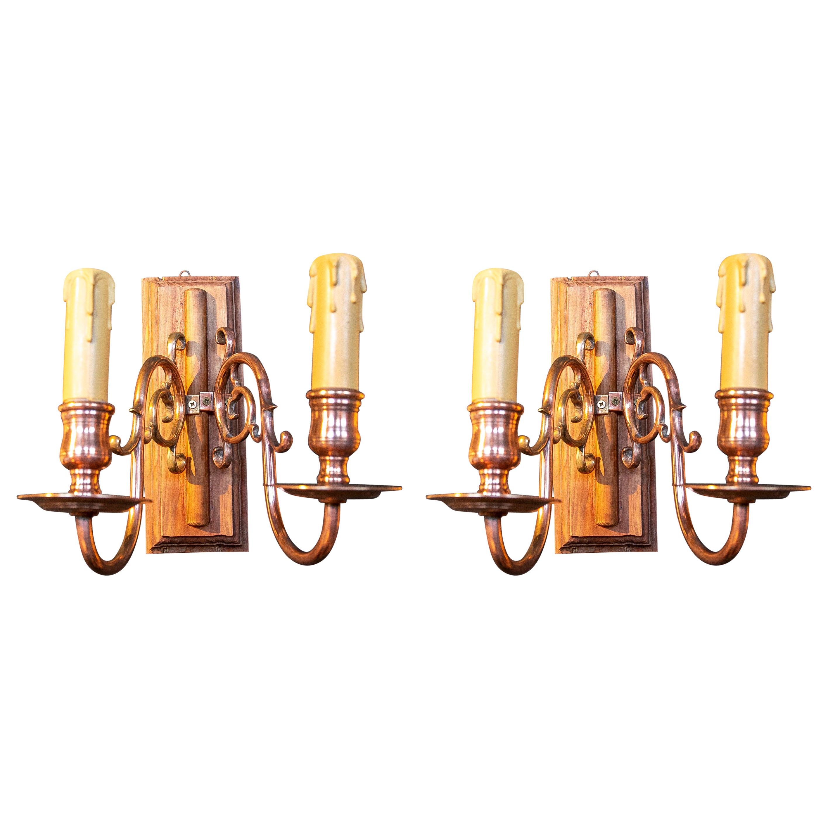 1970s Pair of Wood and Brass Wall Sconces 