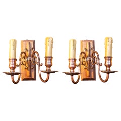 Vintage 1970s Pair of Wood and Brass Wall Sconces 