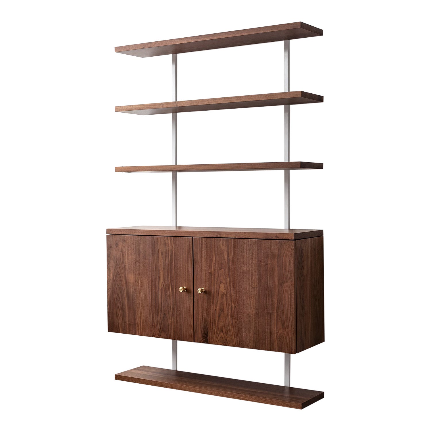 AS6 Wandeinheit, 48 Zoll breite Regale und Schrank aus massivem Nussbaum und pulverbeschichtetem Stahl