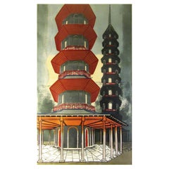 Grande linogravure originale « La pagode à Kew » d'Edward Bawden RA