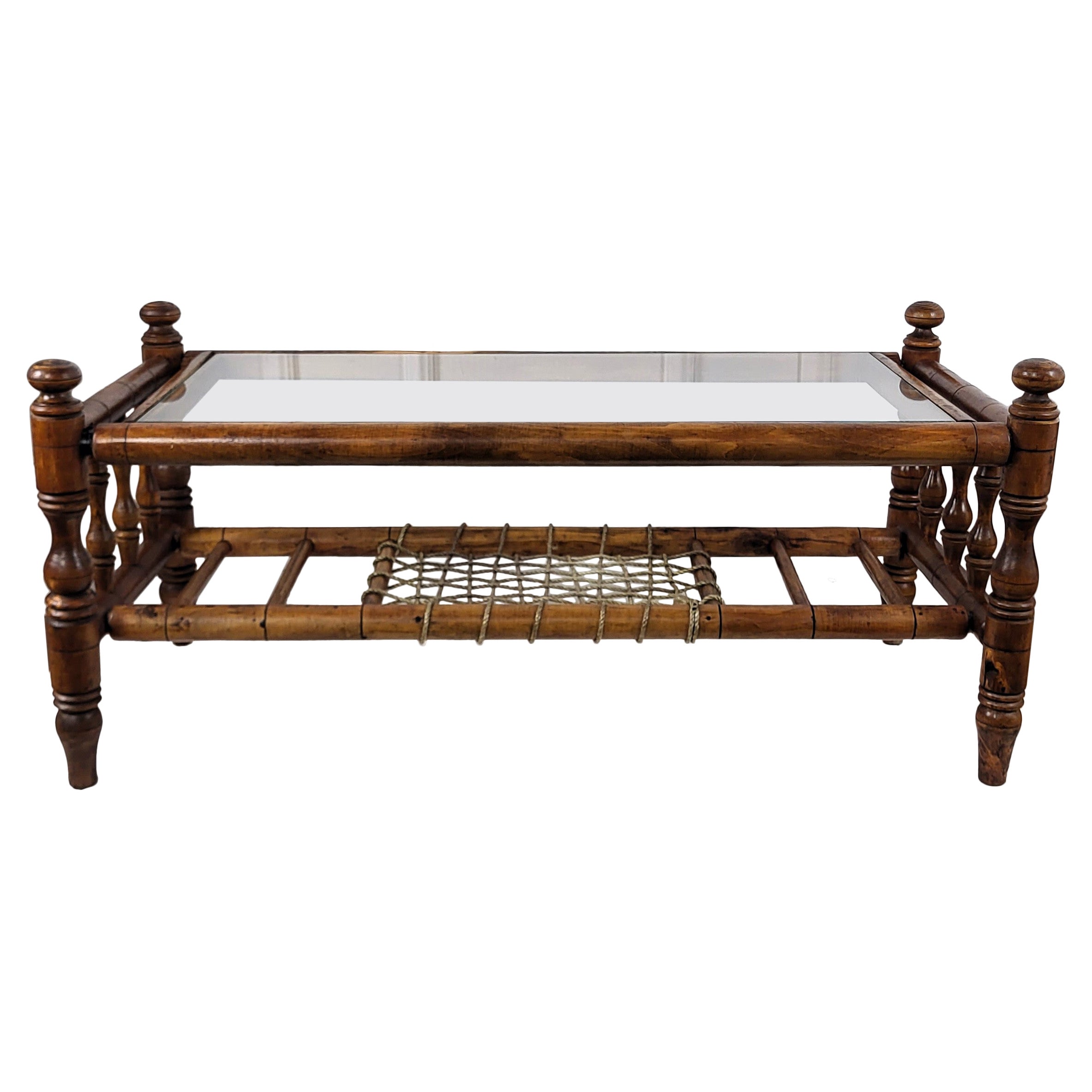 Antique Italian Walnut Glass Top and Rope Carved Turned Coffee Table Side Table For Sale