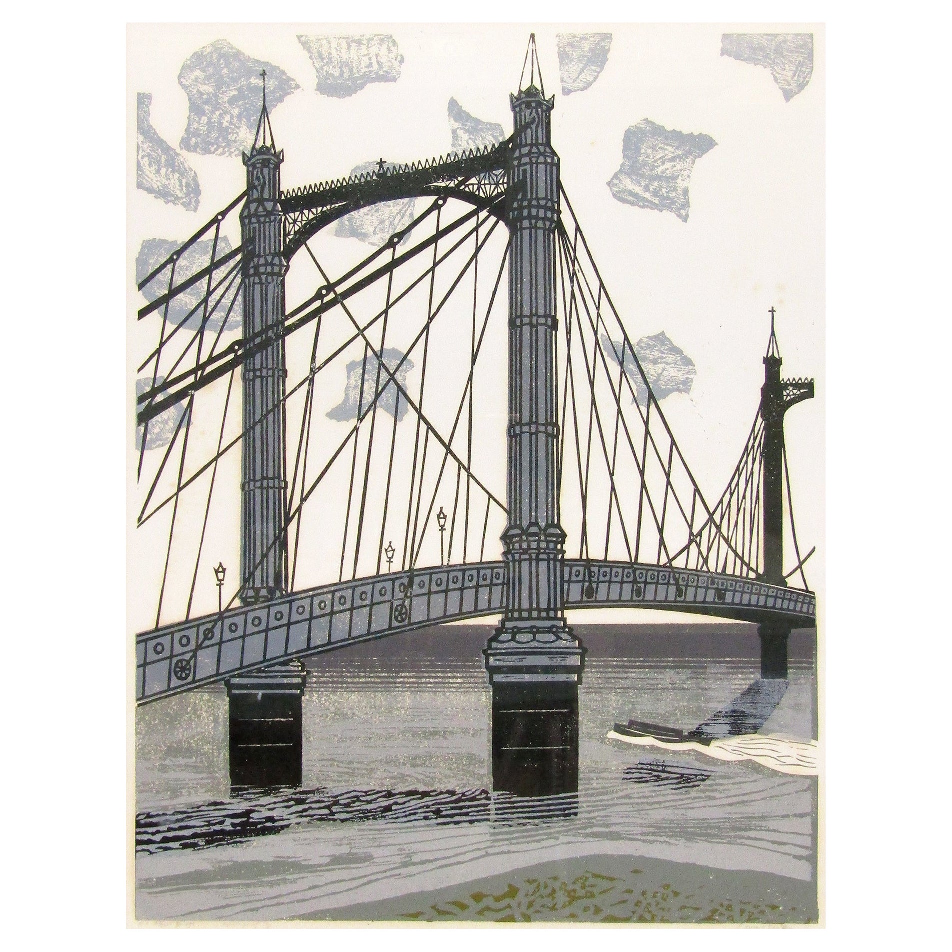 Großer signierter modernistischer Linocut von Edward Bawden „The Albert Bridge“ 16/75, signiert im Angebot