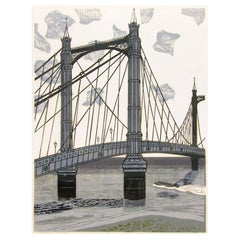 Large Signed Modernist Linocut by Edward Bawden "The Albert Bridge" 16/75