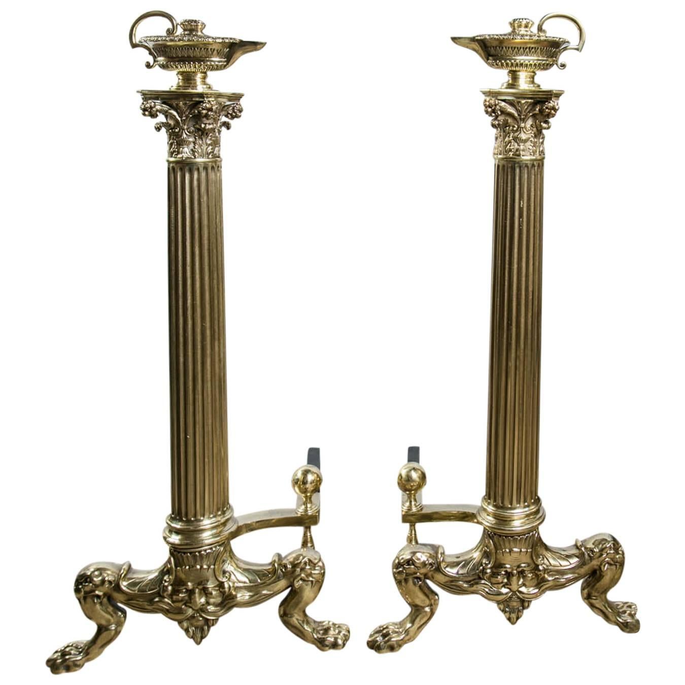 Tall Classical Pair of Polished Brass Andirons For Sale